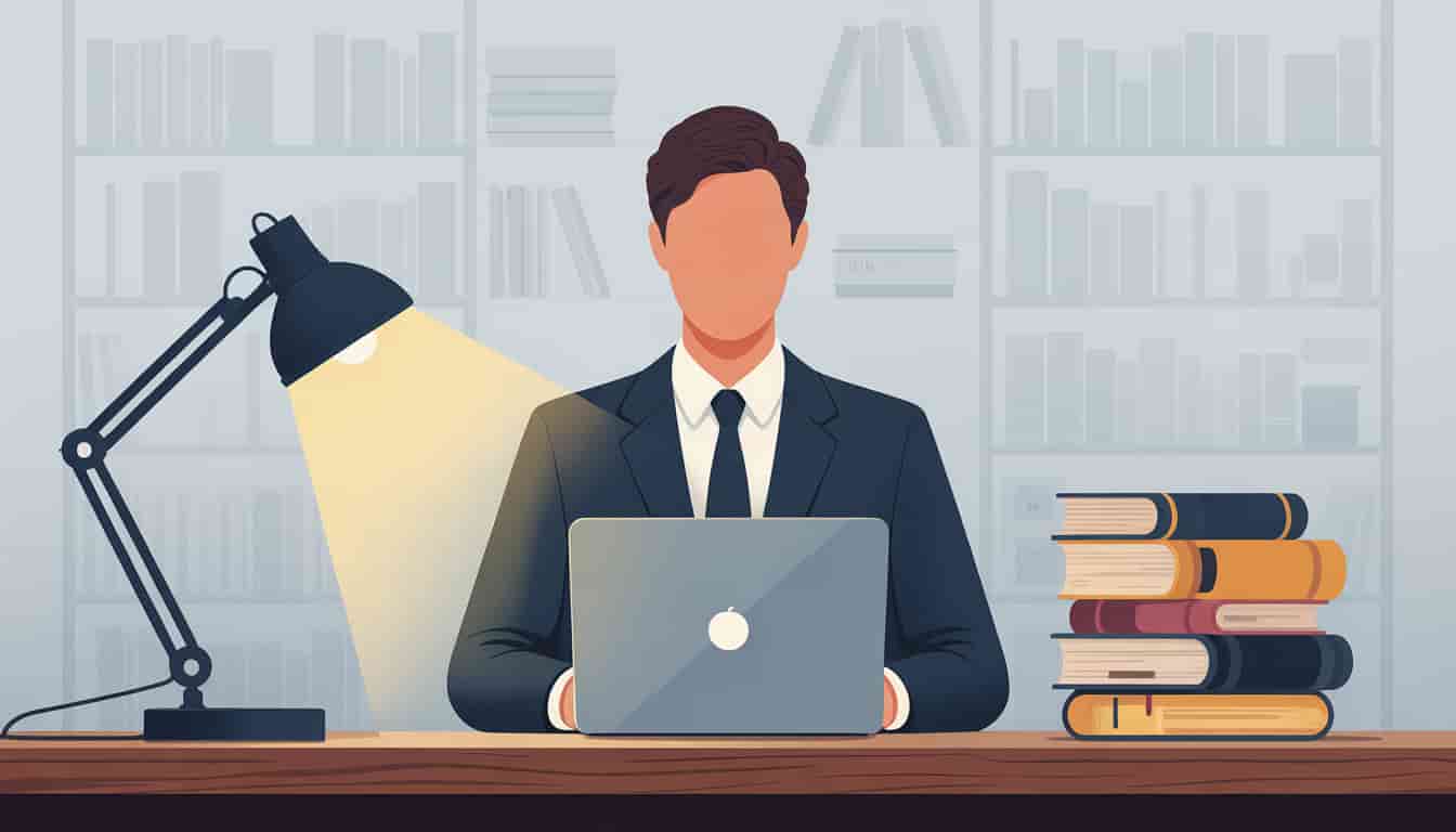 A faceless person in a suit sits at a desk with a laptop, a stack of books, and a desk lamp, set against bookshelves—reflecting the serious atmosphere typical of a YMYL Page.