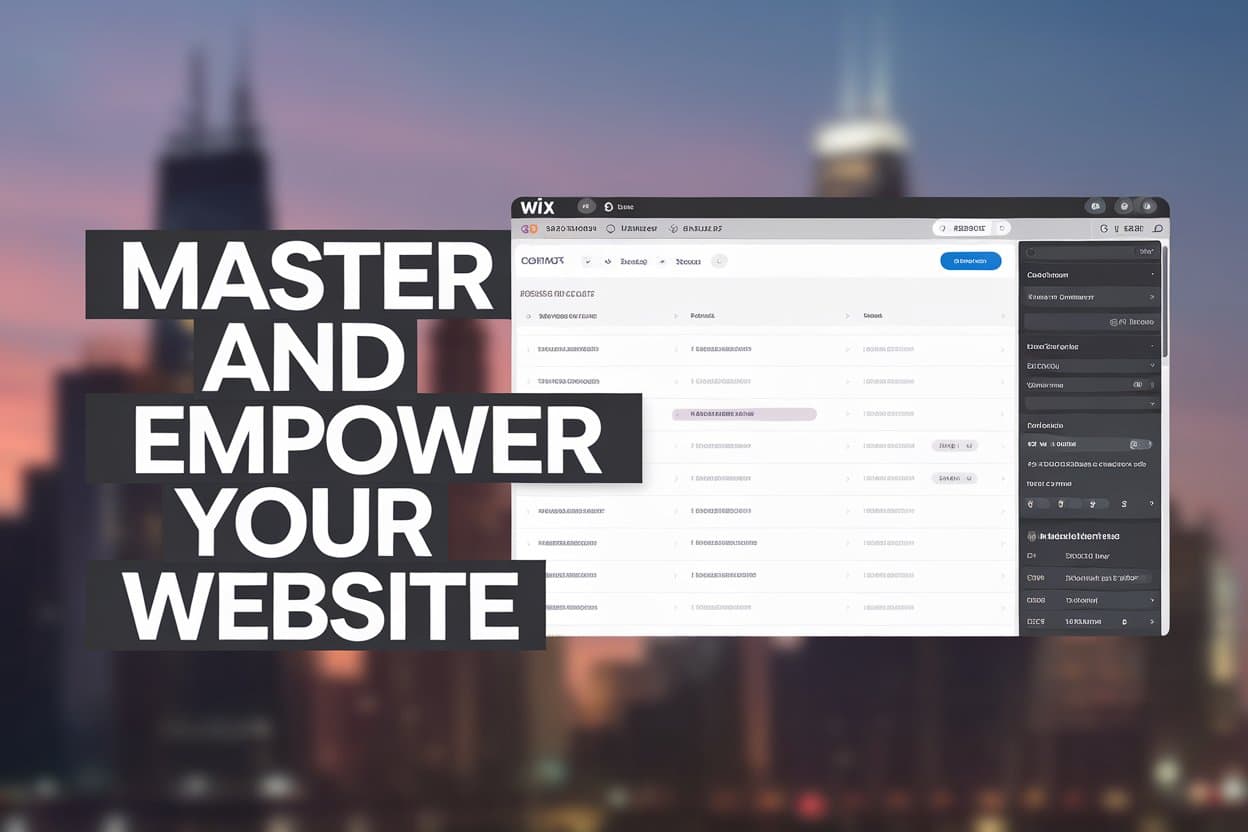 Website management dashboard interface with text overlay: "Master and Empower Your Website with WIX." City skyline blurred in the background.