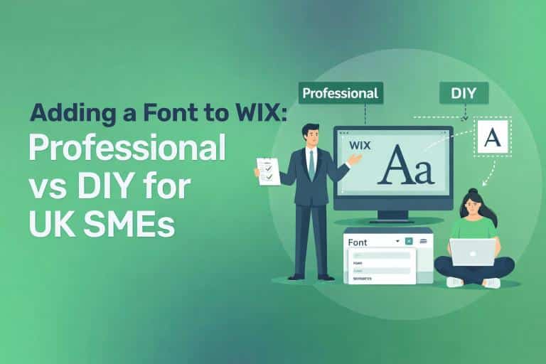 Illustration showing a suited man labelled Professional and a woman with a laptop labelled DIY adding a WIX font to a website. Text reads: Adding a Font to WIX: Professional vs DIY for UK SMEs.
