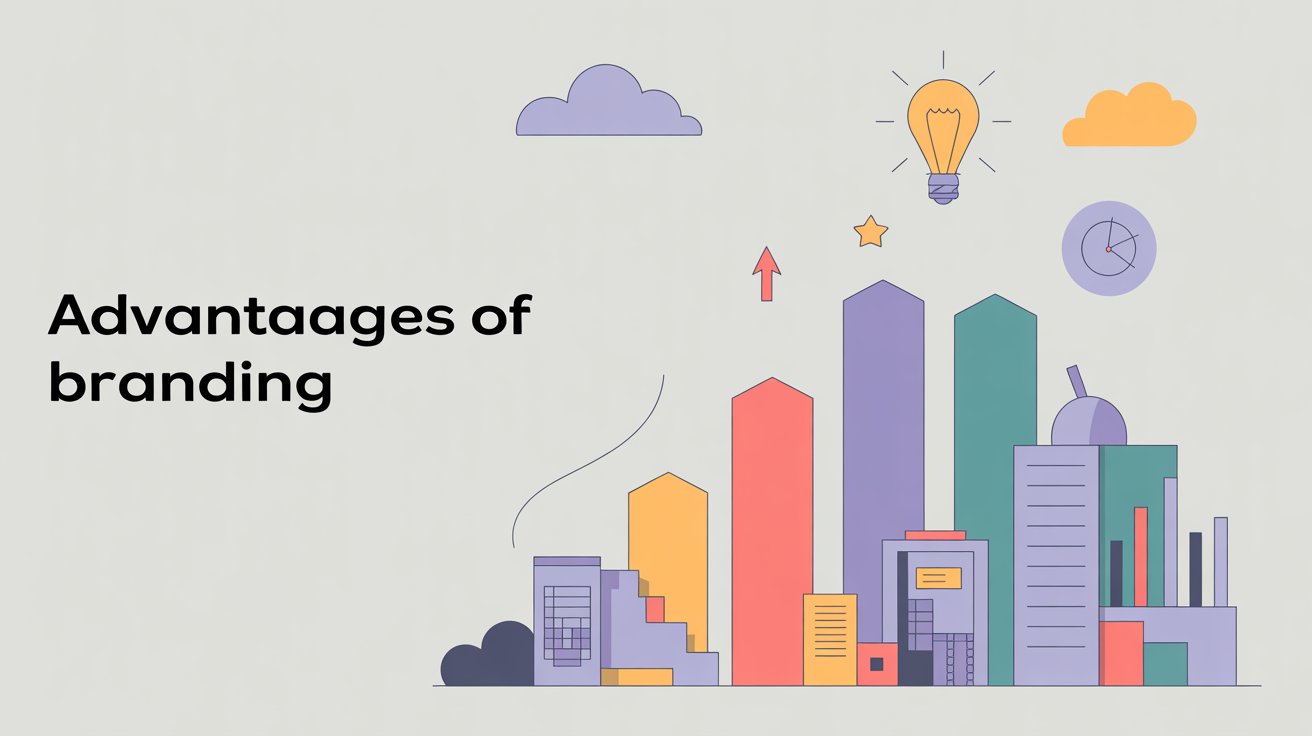 Illustration of colourful skyscrapers with charts, lightbulb, compass, and upward arrow, symbolising business growth and ideas. Text reads Advantages of branding on a light background, highlighting the power of effective branding.