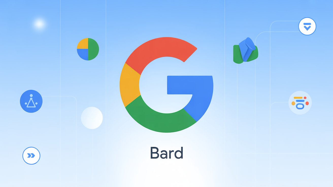 Large colourful Google G logo in the centre with the word Bard below it, highlighting its role as an AI language model, surrounded by various small tech icons on a blue gradient background.