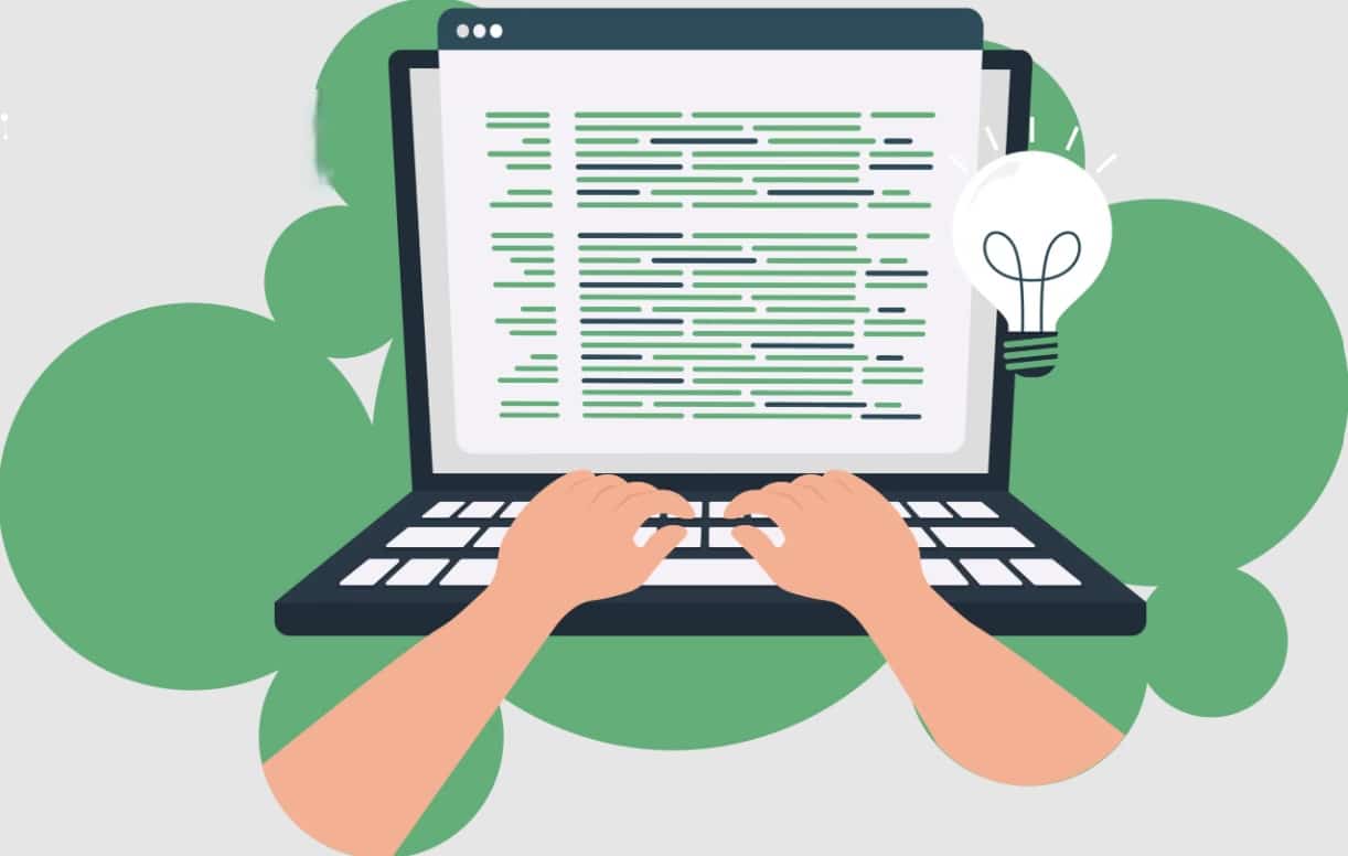 Illustration of hands typing on a laptop keyboard with lines of Python code on the screen. A glowing lightbulb icon appears beside the laptop, representing ideas or innovation, with green abstract shapes in the background.