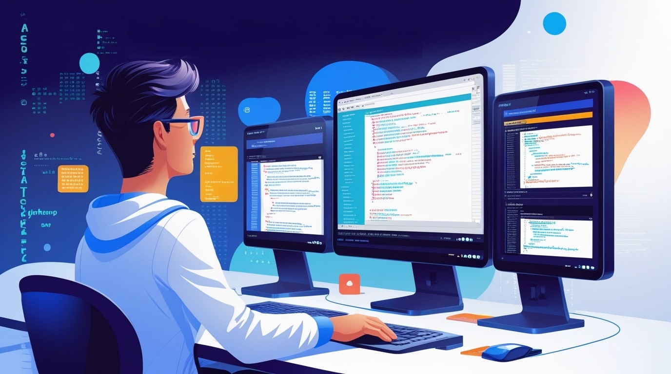 A person wearing glasses and a hoodie sits at a desk with three large monitors displaying colourful code and data, working in a modern, technology-focused workspace—perfect for exploring the best programming languages for web development.