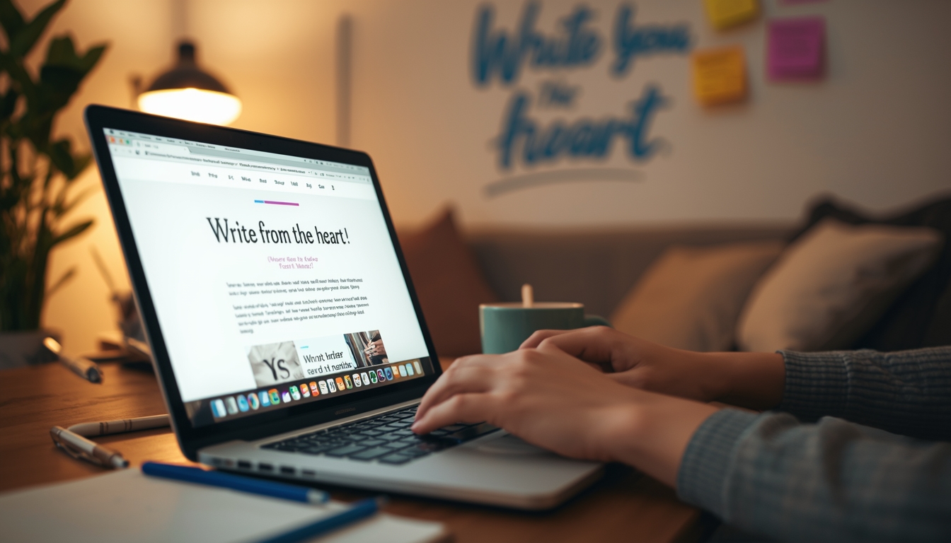 A person types on a laptop at a cozy desk, reading Blogging Tips in an article titled Write from the heart! A cup and notebook sit nearby; sticky notes and "Write from the heart" in blue writing decorate the wall behind.
