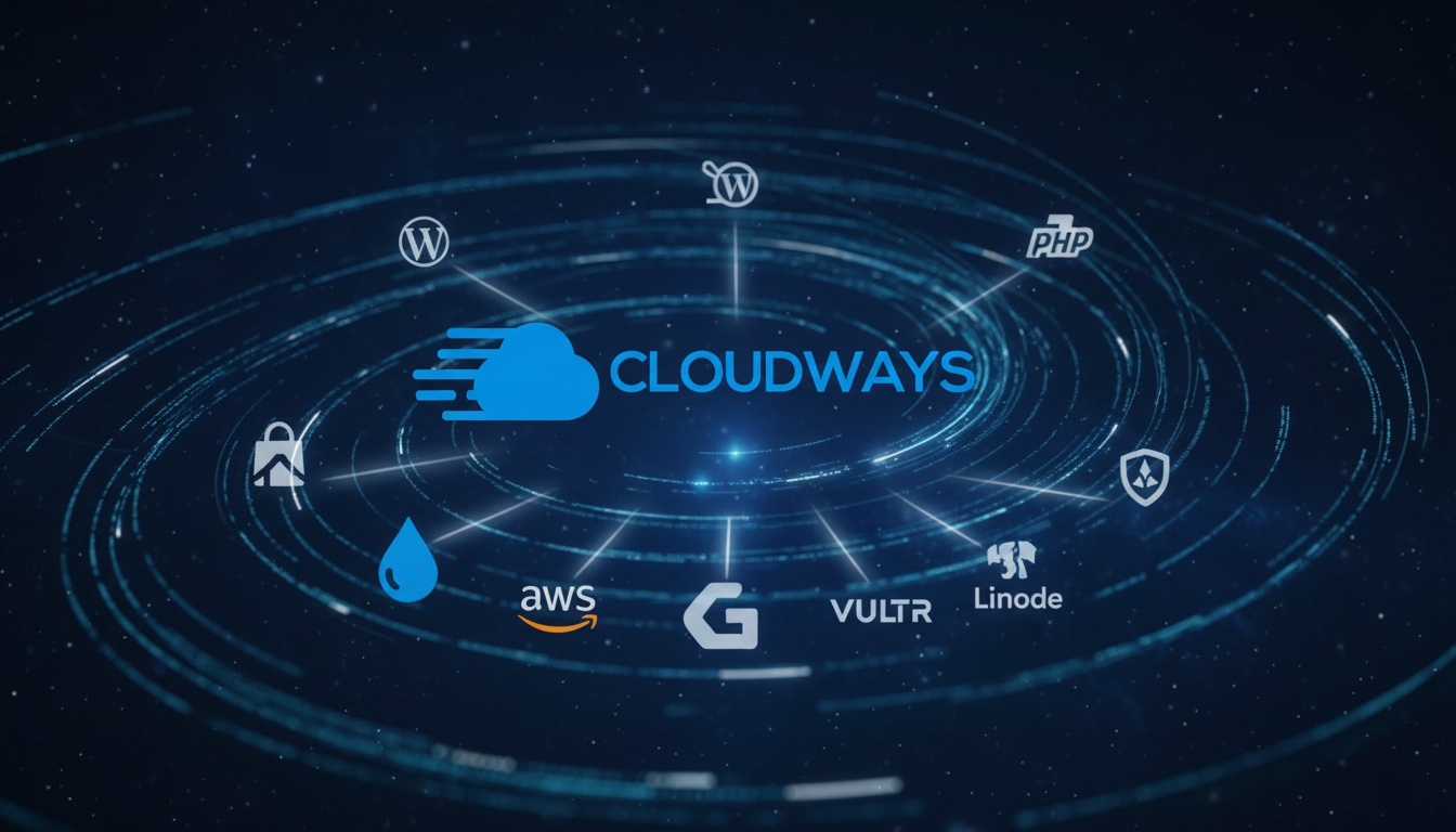 A digital image showing the Cloudways hosting logo at the centre, surrounded by logos of WordPress, PHP, Magento, AWS, Linode, Vultr, DigitalOcean, and Google Cloud on a dark, futuristic background.