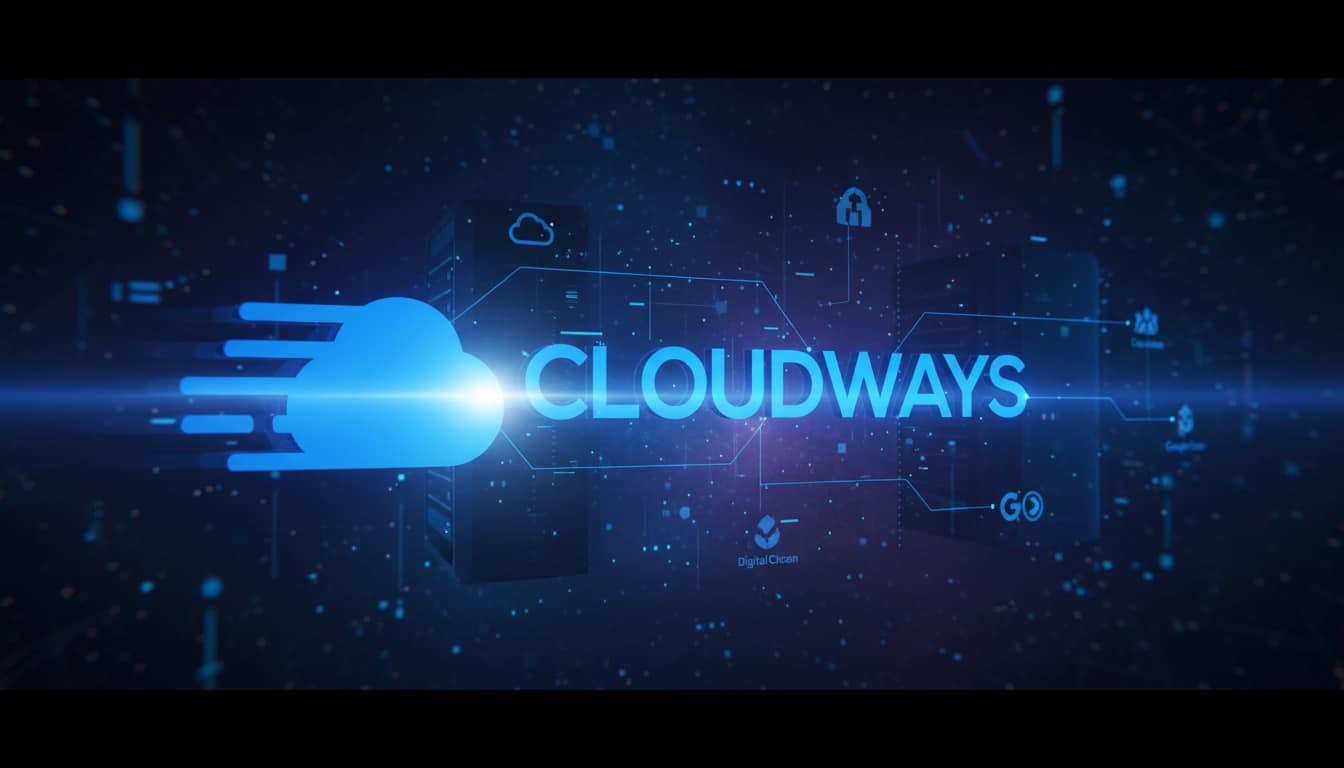 A glowing blue cloud logo and the word CLOUDWAYS HOSTING appear in the centre, with server icons and digital symbols connected by lines on a dark, technology-themed background.