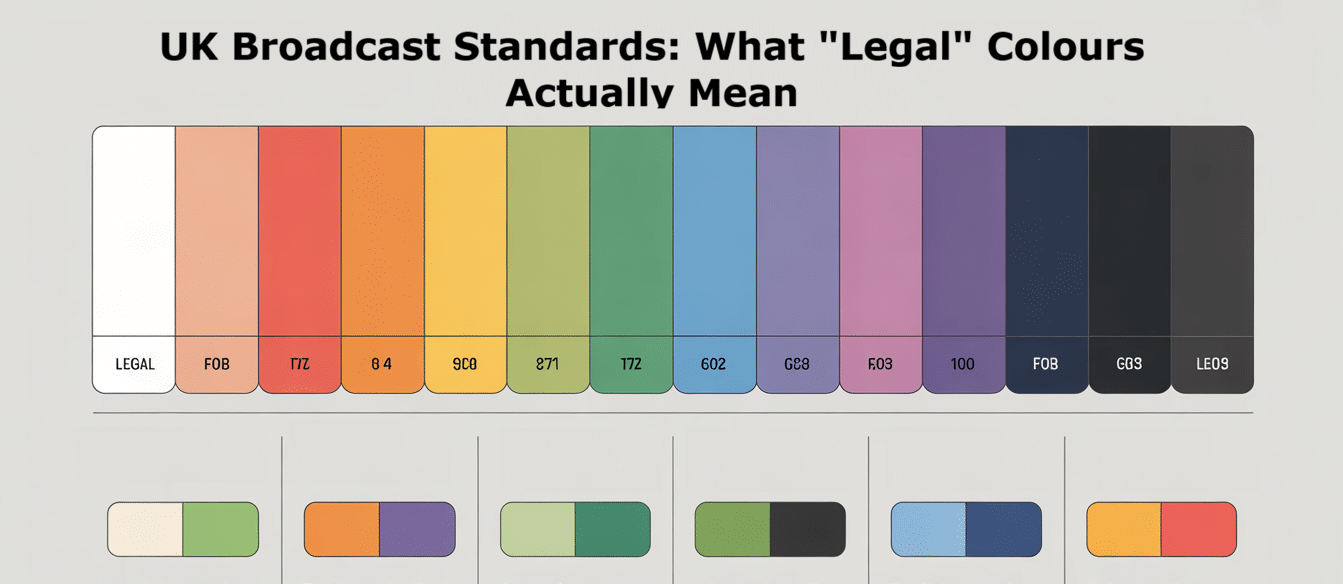 Chart titled UK Broadcast Standards: What Legal Colours Actually Mean, featuring a row of coloured rectangles labelled LEGAL, FCB, 8.4, SCB, and more—perfect for quick colour grading reference with swatches below.