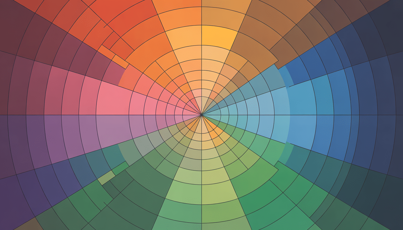 A radial colour wheel with segmented rings radiating from the centre, displaying a full spectrum perfect for Colour Grading—from red, orange, yellow, green, blue to purple—each hue separated by thin black lines.