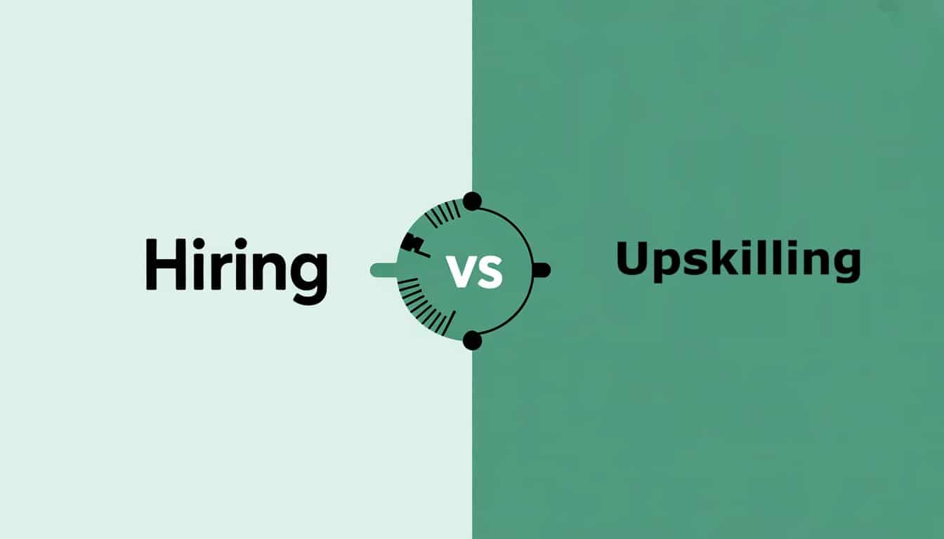 A split graphic with Recruitment on a light background, Upskilling on a dark background, and a vs symbol in the centre, illustrating the choice between recruiting new data science talent or upskilling current employees.