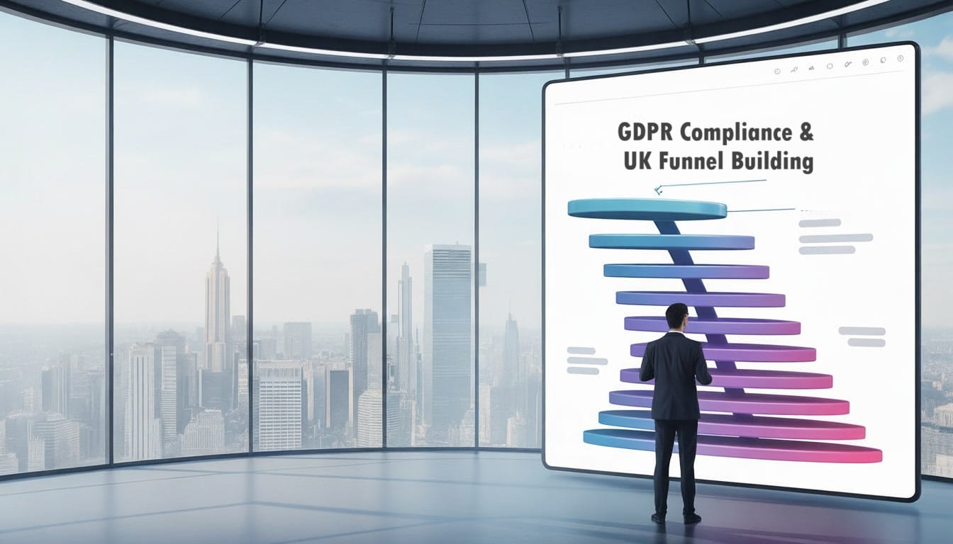 A person in business attire stands in front of a large screen displaying a funnel diagram titled GDPR Compliance & UK Marketing Funnel, with a city skyline visible through the windows in the background.