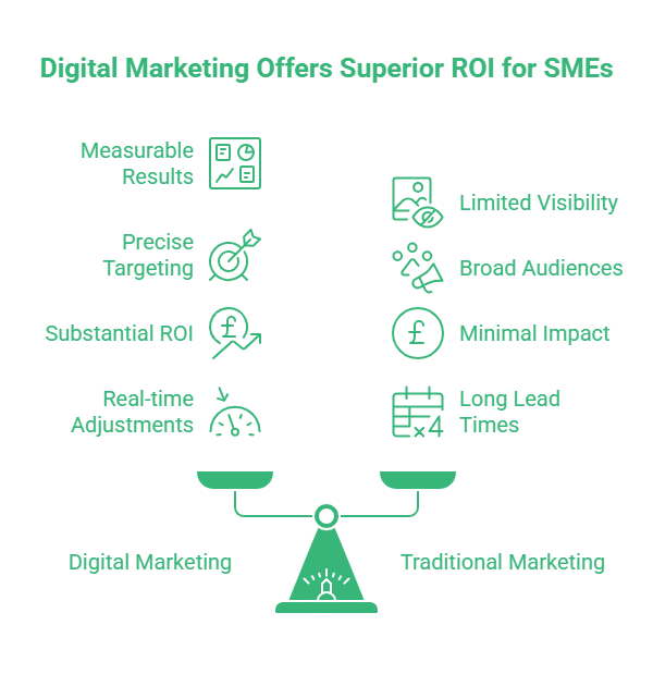 Infographic comparing digital and traditional marketing: digital marketing and social media marketing offer measurable results, precise targeting, substantial ROI, real-time adjustments; traditional marketing shows limited visibility, broad audiences, minimal impact, long lead times.