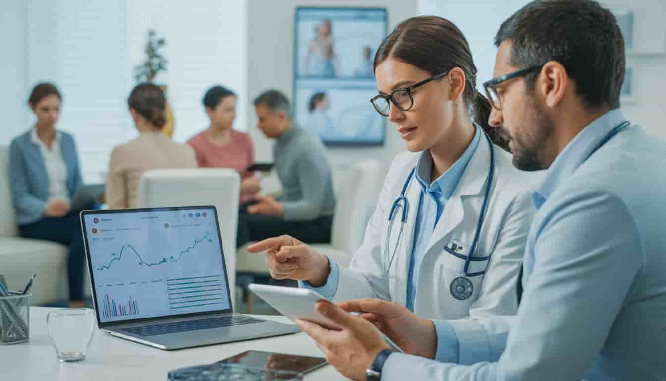 Two Healthcare Providers in white coats and glasses review data on a tablet and laptop displaying charts. In the background, other medical professionals and patients are seated and talking in a modern healthcare clinic setting.