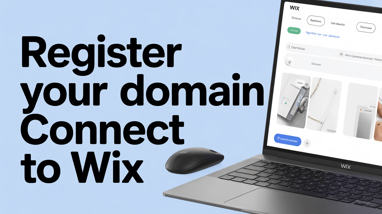 A laptop and mouse on a light blue background with large text that reads, “Register your domain. Connect to Wix.” The laptop screen shows the WIX site interface, highlighting how easy it is to add a domain to your WIX site.