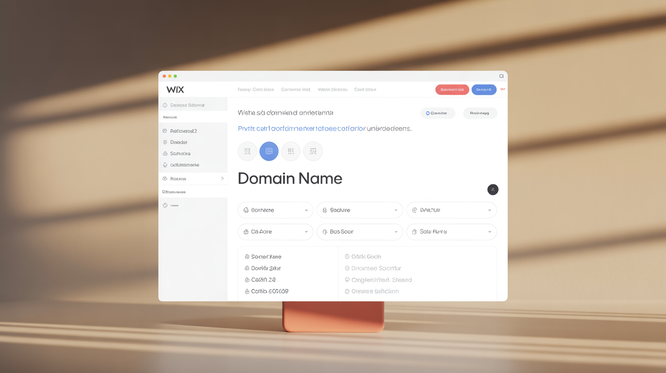 A computer screen displays a Wix website page for choosing a domain name, showing how easy it is to add a domain to your WIX site with various options and categories in a clean, modern interface set against a softly lit background.