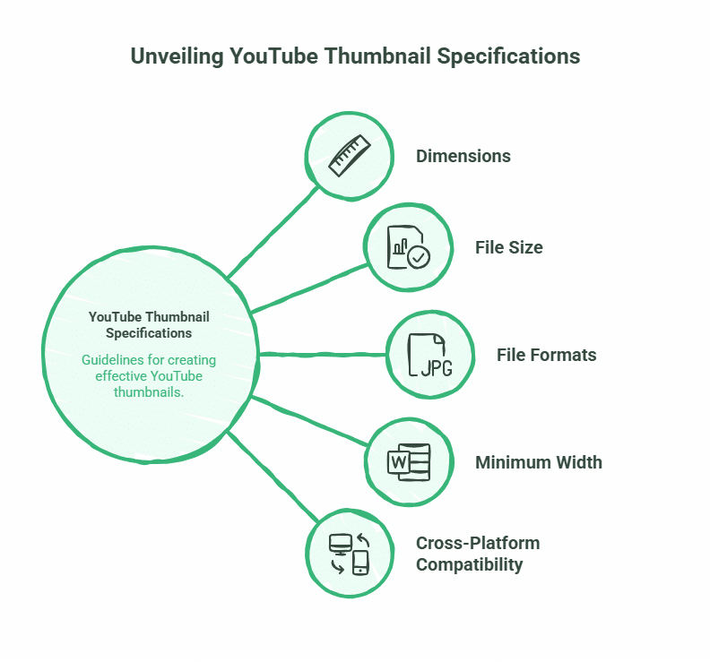 A diagram titled “Unveiling YouTube Thumbnail Specifications” shows five connected factors for optimal YouTube Thumbnails: Dimensions, File Size, File Formats, Minimum Width, and Cross-Platform Compatibility—each with an icon. How to Create YouTube Thumbnails That Get More Clicks