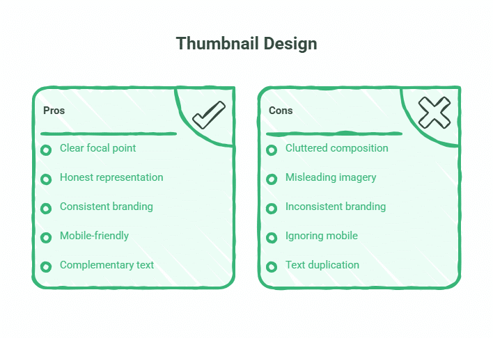 A graphic comparing YouTube Thumbnails design pros and cons. The pros list features clear focal point, honest representation, consistent branding, mobile-friendly layout, and complementary text. The cons list highlights the opposite traits.