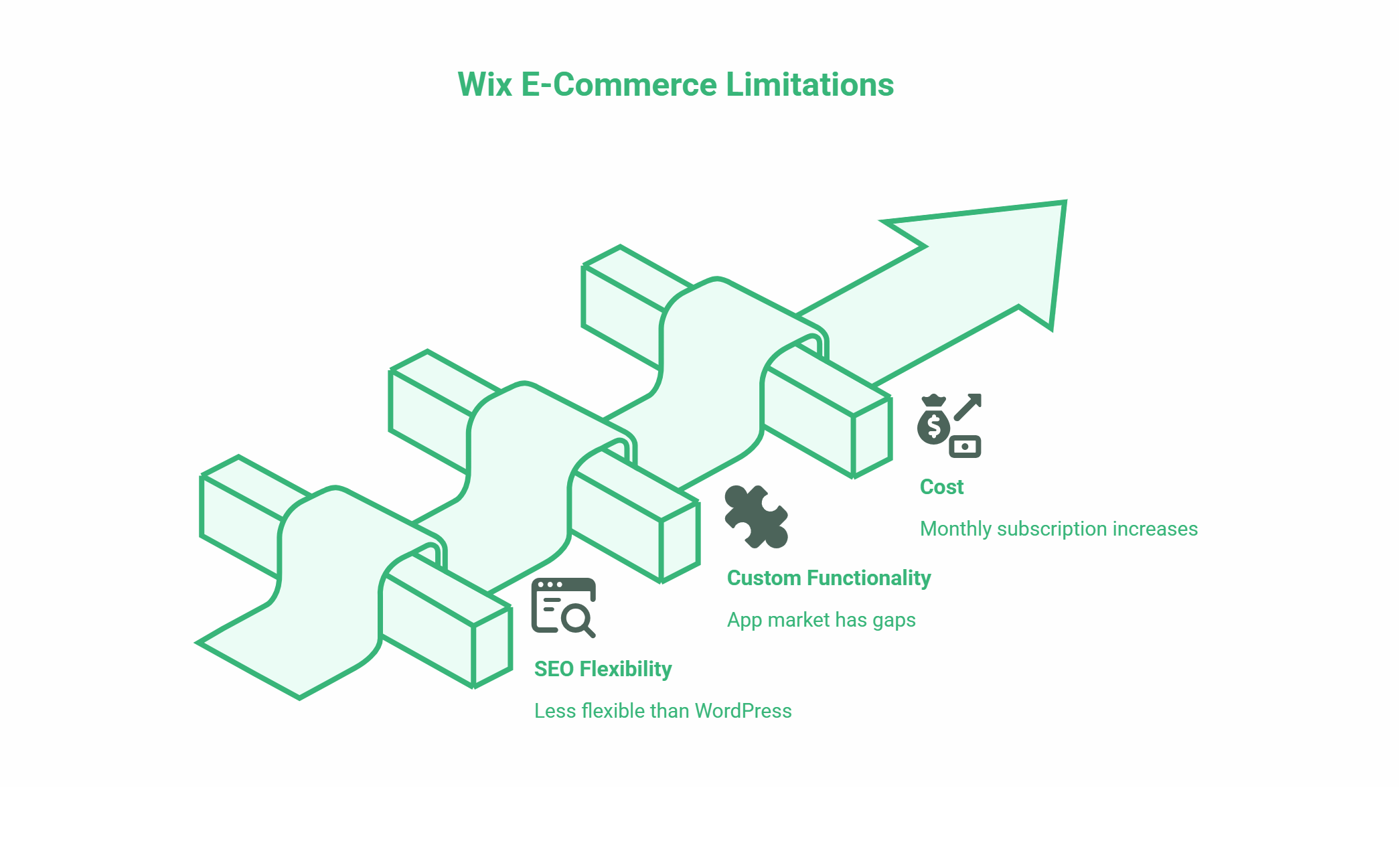 A green diagram with an upward arrow passing through three obstacles—SEO Flexibility, Custom Functionality, and Cost—highlights key Wix Ecommerce limitations with brief notes near each barrier for a quick E-commerce overview.