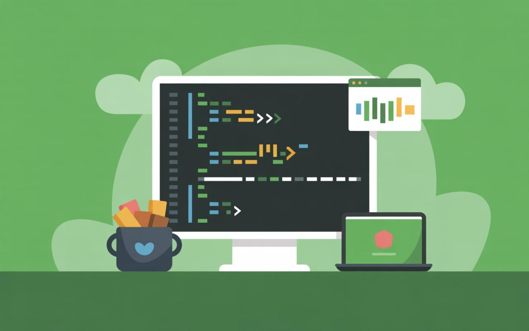 An illustration of a computer monitor displaying colourful code lines, a small screen with a bar chart, a cup with pencils, and a laptop with a hexagon logo—perfect for showcasing Java programming jobs—set against a green background.
