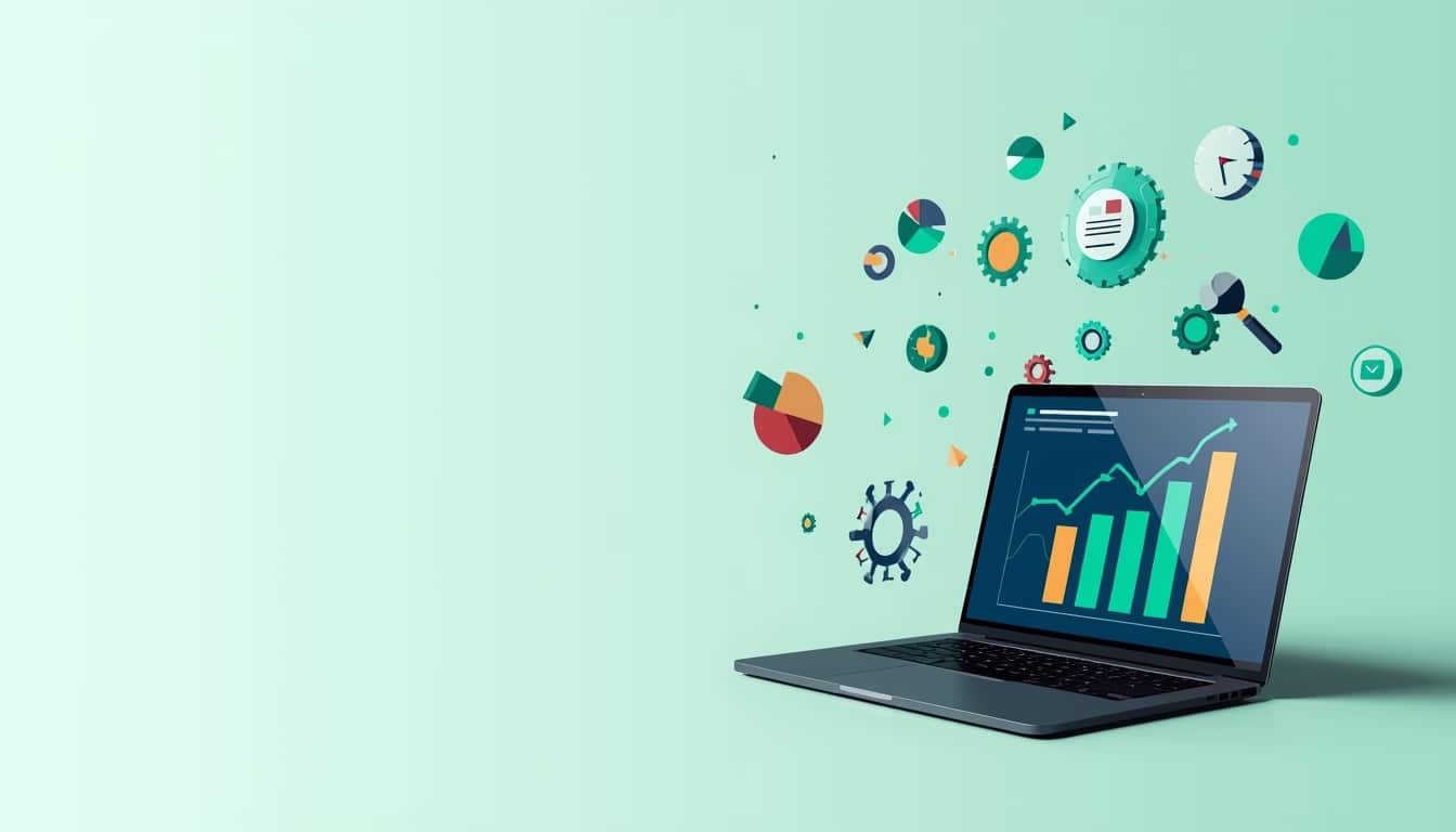 A laptop displaying colorful bar and line graphs, surrounded by floating icons of gears, charts, and data symbols on a mint green background—perfect for showcasing SEO techniques or trends in SEO in Ireland.