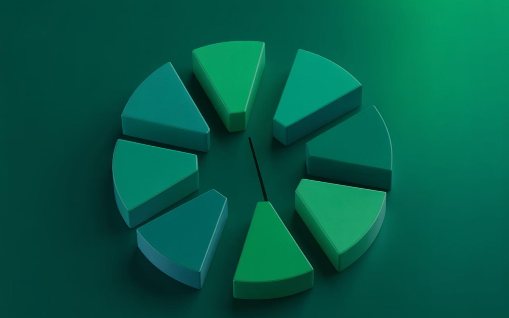 A circular pie chart with eight teal and green 3D segments, representing market segmentation, is arranged on a green background; one segment is highlighted and separated by a black pointer.