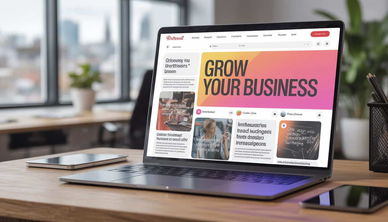 A laptop on a desk displays a Pinterest Business Marketing page with a large banner reading GROW YOUR BUSINESS and various posts about business and marketing. The office background is blurred, showing windows and a potted plant.