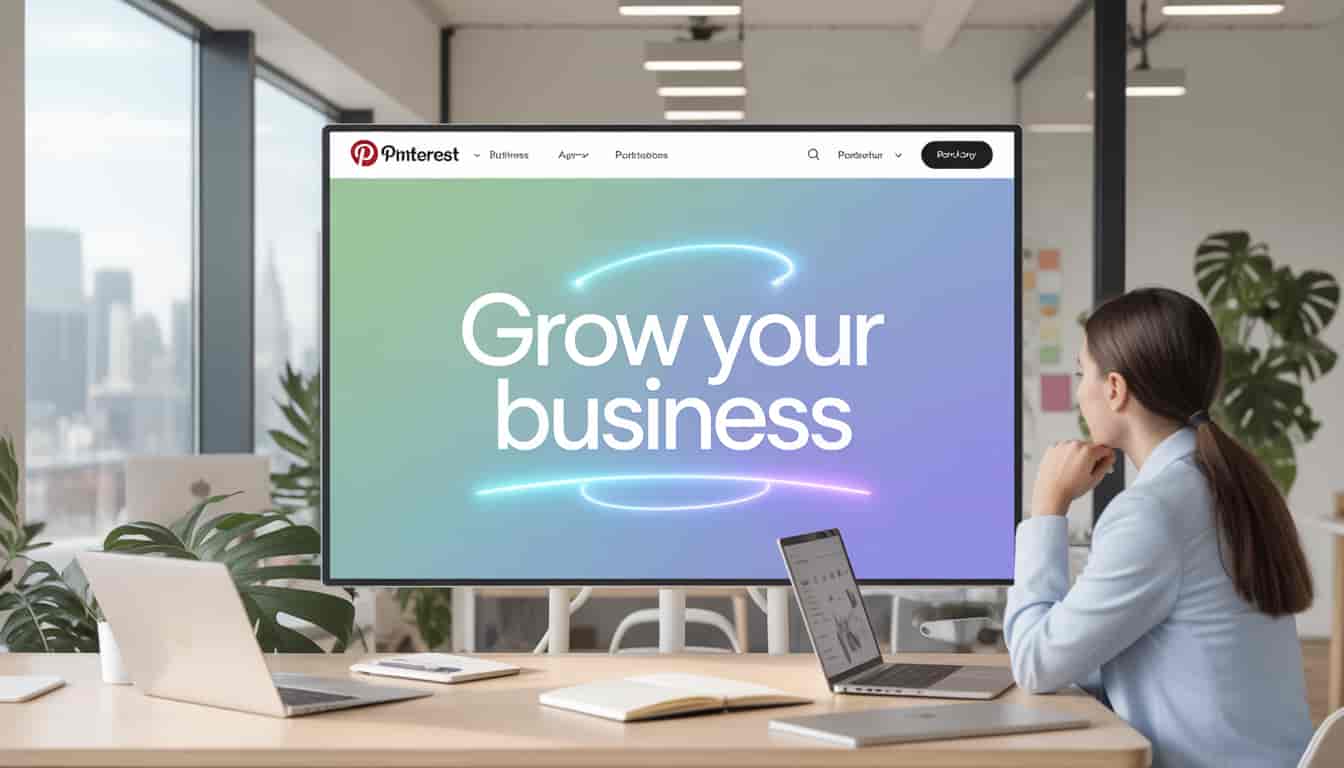 A woman sits at a desk with a laptop, looking at a large screen displaying the Pinterest Business website and the phrase “Grow your business” in bold text on a colorful gradient background.