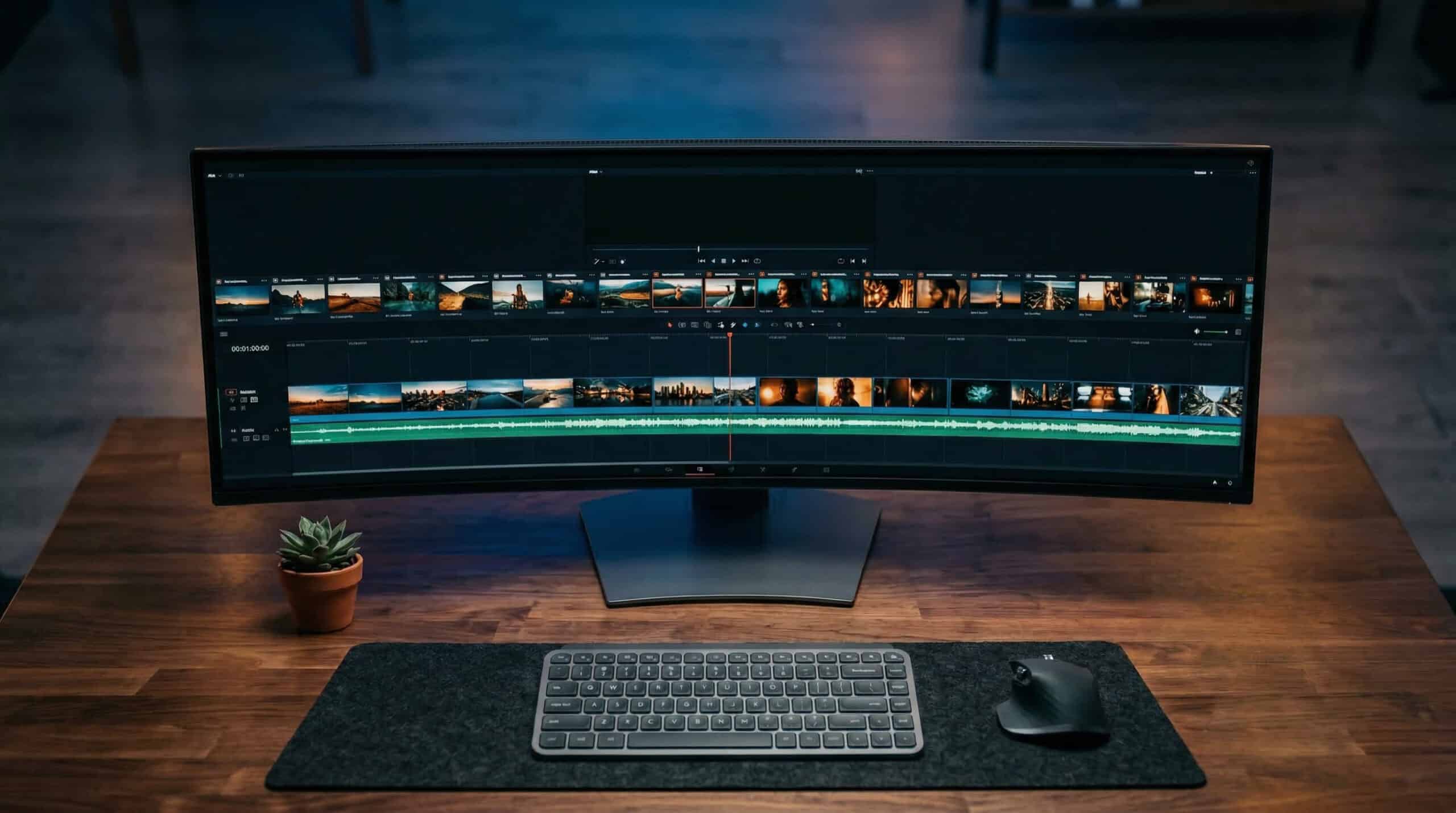 A curved ultrawide monitor on a wooden desk displays Premiere Pro editing software. In front of it are a wireless keyboard, mouse, a desk mat, and a small potted plant. The background is out of focus.