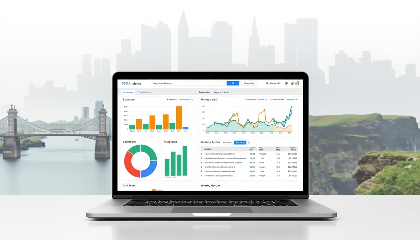 A laptop displays various analytics dashboards tracking SEO performance with graphs, charts, and data. The background features a city skyline seamlessly blending into a nature scene, highlighting digital growth through effective SEO strategies.