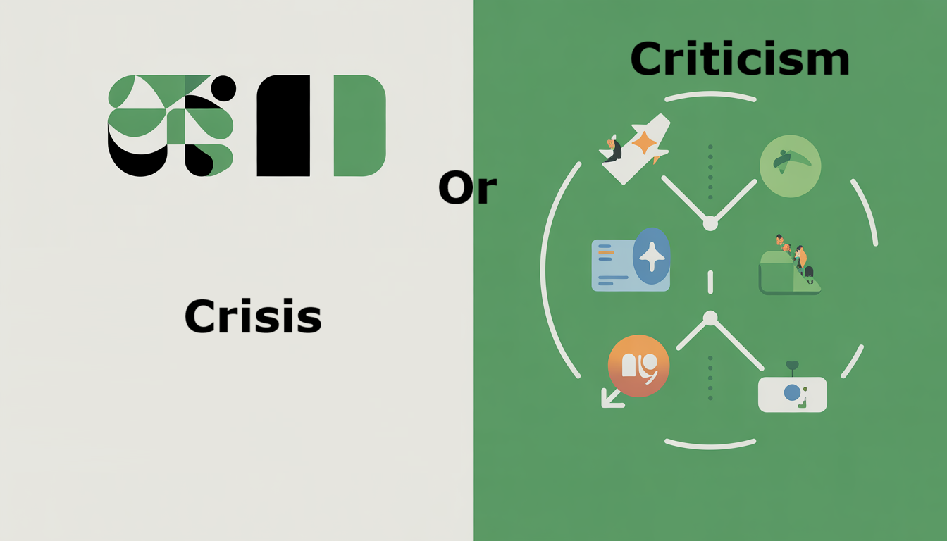 A split image: the left side shows abstract shapes with the words Crisis Or, referencing social media crisis management; the right side displays Criticism above icons for communication, feedback, and progress in a circular flow, highlighting improving your digital existence.