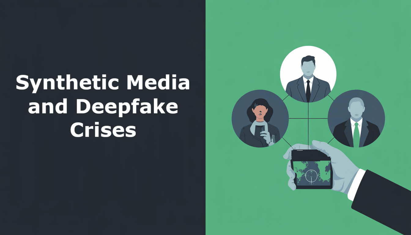 A split image with the left side reading Synthetic Media and Deepfake Crises, whilst the right shows a hand holding a mobile phone connected to illustrated profiles of three people—highlighting crisis management in today’s Social Media landscape.