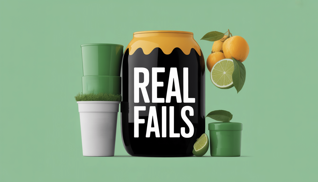 A jar labelled REAL FAILS stands between stacked green and white plant pots with artificial grass and a cluster of citrus fruits, hinting at tasteless marketing campaigns, all set against a plain green background.