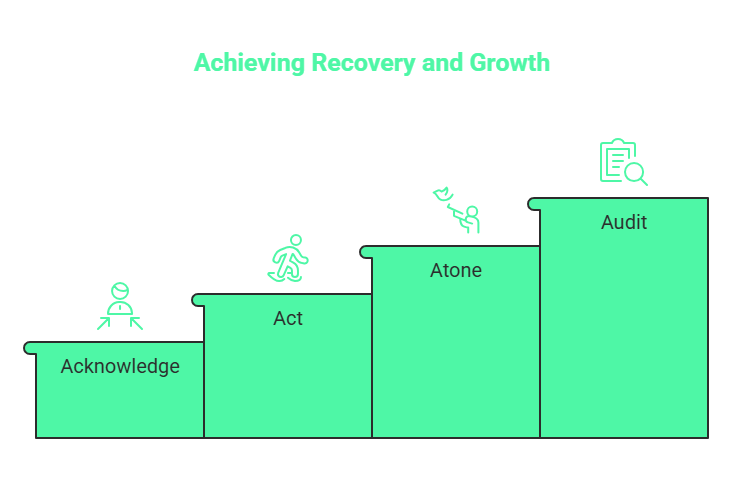 A four-step stairway diagram labelled “Achieving Recovery and Growth”, with steps titled Acknowledge, Act, Atone, and Audit—each with a simple icon—illustrates how to recover from tasteless marketing campaigns and ensure lasting improvement.