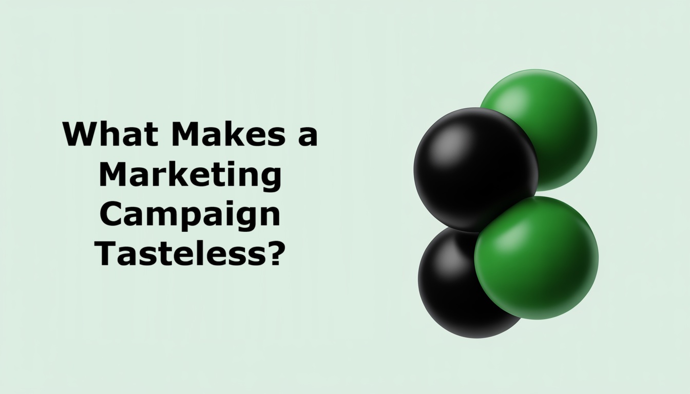 Text What Makes a Marketing Campaign Tasteless? is on the left, with a cluster of three black and two green glossy spheres on the right, all set against a pale green background—highlighting the pitfalls of tasteless marketing campaigns.