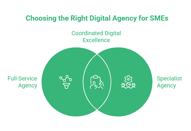 Venn diagram titled Choosing the Right Digital Agency for SMEs compares Full-Service and Specialist digital agencies, with Coordinated Digital Excellence in the overlap—highlighting strengths in digital marketing and social media marketing.