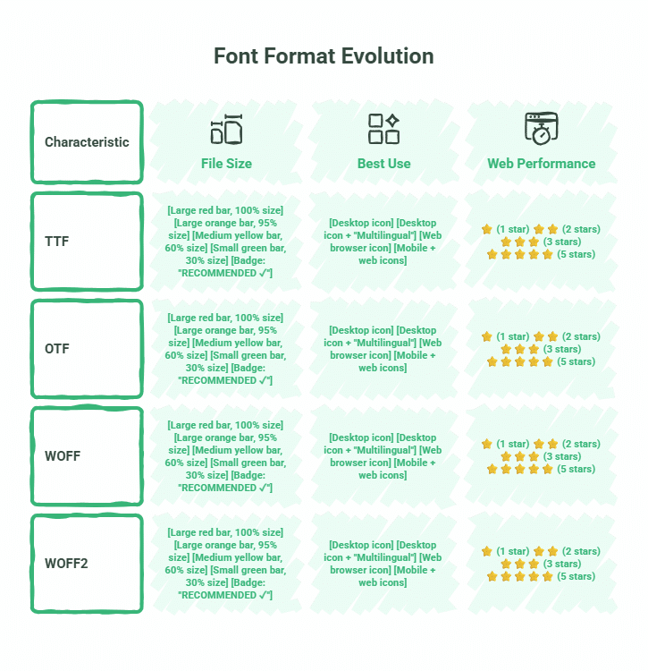 A chart comparing TTF, OTF, WOFF, and WOFF2 font formats by file size, best use, and web performance; ideal for adding a font to WIX. WOFF2 offers the smallest file size and best web performance for wix sites or desktop use.