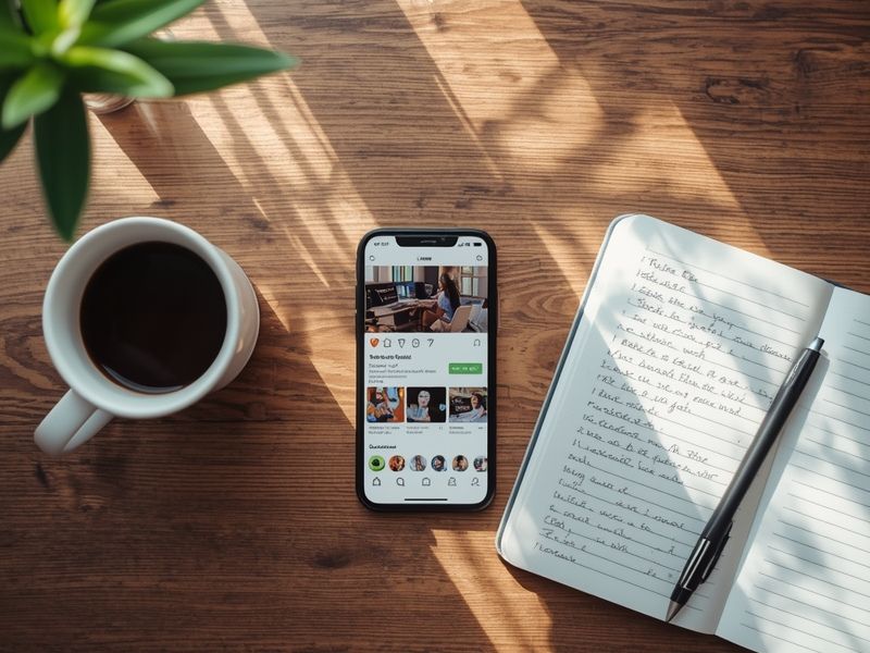 Smartphone showing a social media feed on a desk with coffee and notebook, representing practical social media marketing tips for UK businesses