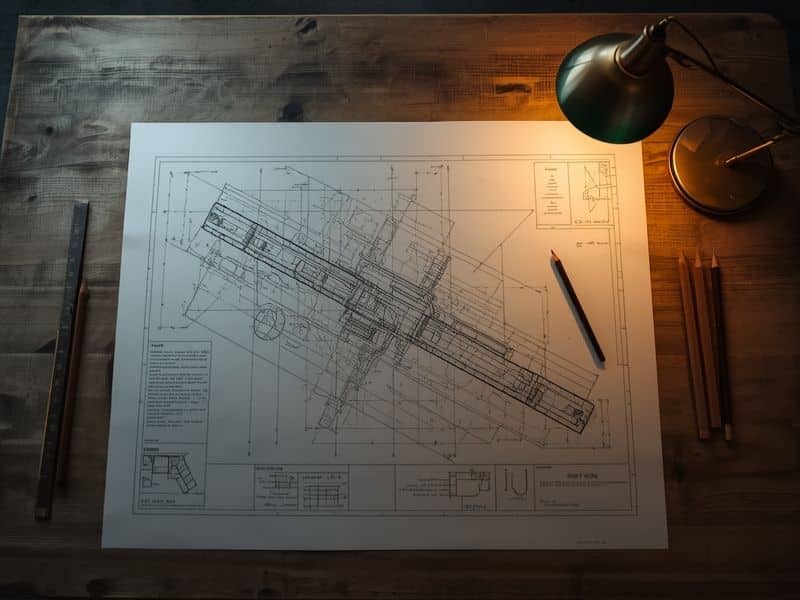 A technical blueprint on a drafting table, contrasting with the precision advantages of CAD in modern engineering
