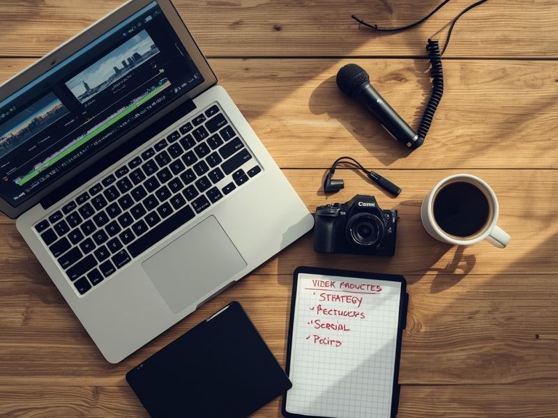 Video production desk setup with camera, microphone and editing software open, representing the tools behind a professional video marketing strategy