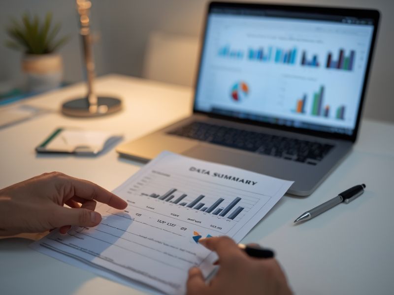 Event management ROI report with printed data summary and laptop showing analytics charts