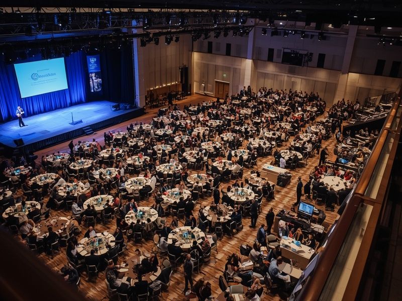 Business tourism delegates gathered at a large professional conference in a modern UK venue