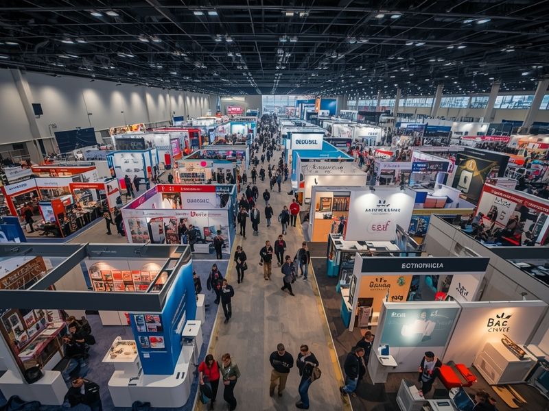 Business tourism visitors walking an international trade show exhibition floor