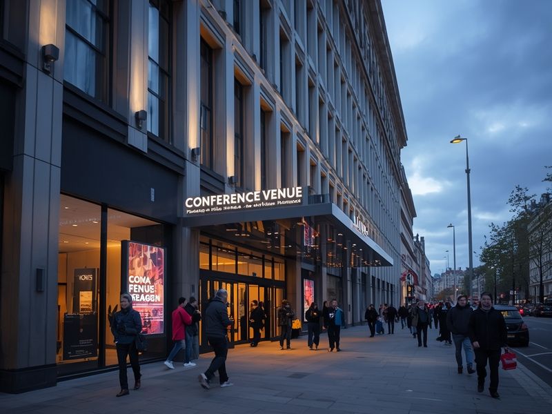 Business tourism delegates arriving at a UK conference venue for an evening event session