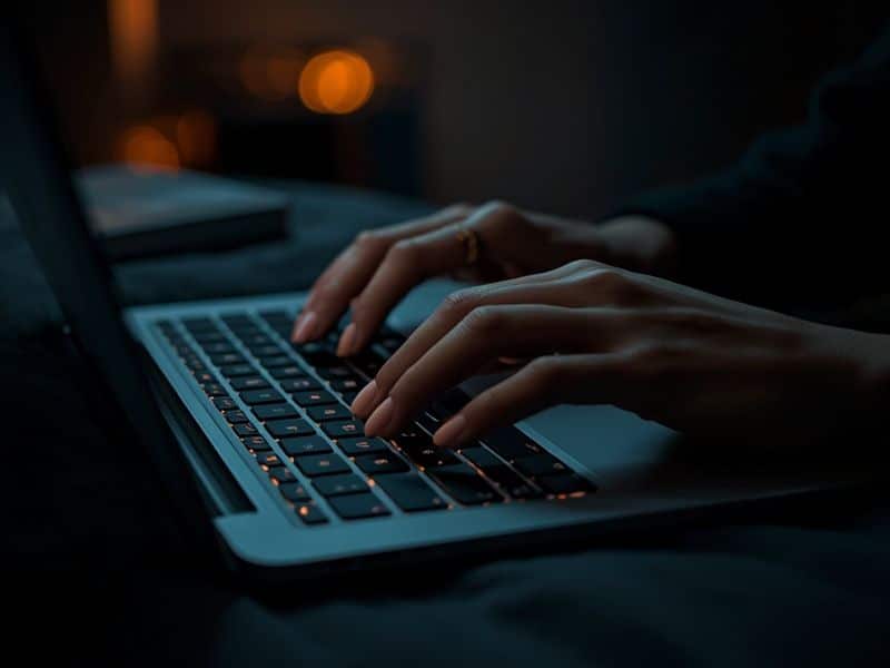 Person typing on laptop in dim light representing the scale of social media bullying statistics