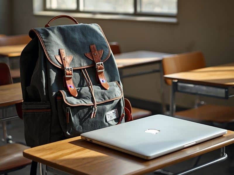 School desk with laptop and backpack reflecting social media bullying statistics among young people