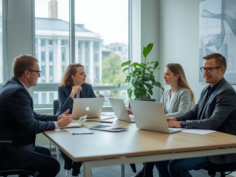 Business sustainability strategy discussion among a team of professionals in a modern Belfast office
