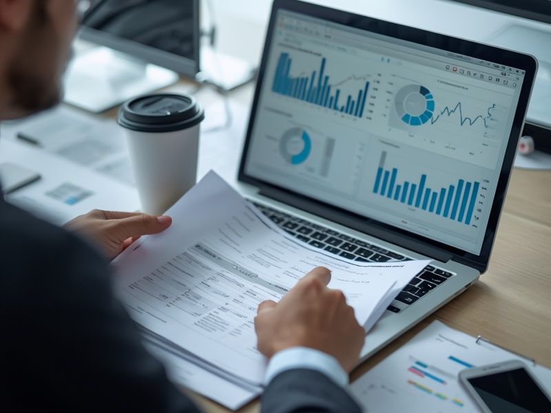 Business owner reviewing financial data as part of a business sustainability cost-reduction review