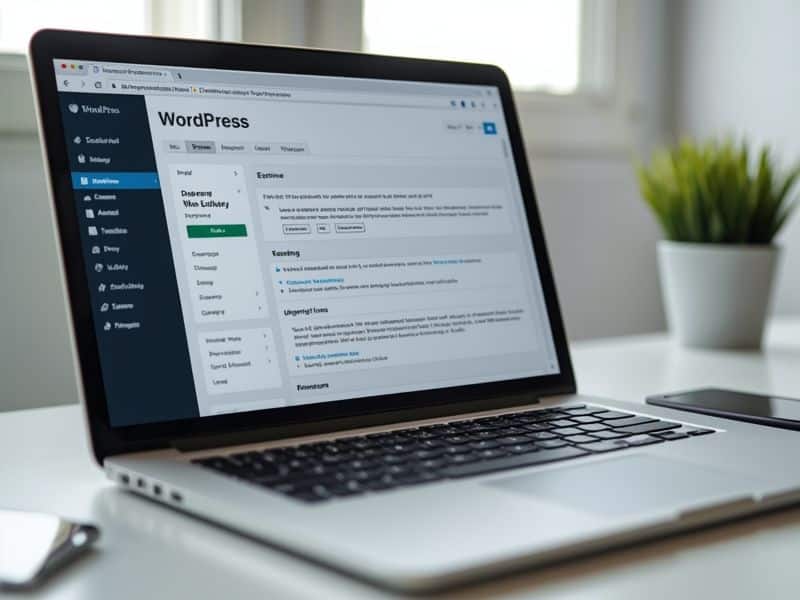 WordPress dashboard on a laptop screen showing the admin sidebar and site overview panel