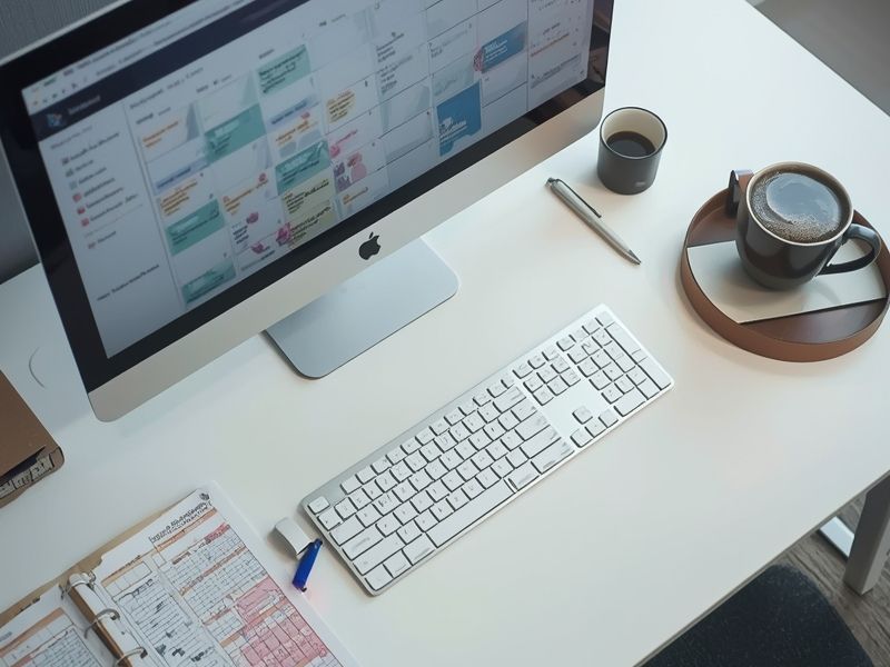 Desk with monitor showing a content scheduling tool and printed planner, representing the organised approach recommended in these social media marketing tips