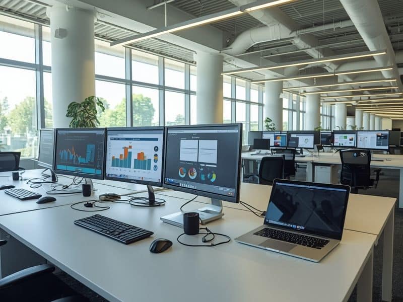 Digital transformation in a modern office environment with data dashboards on multiple screens