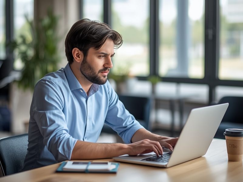 Business owner reviewing business success statistics on a laptop in a modern Belfast office